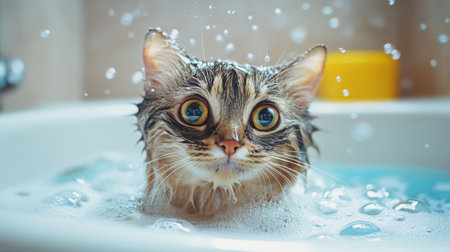 An adorable cat with a wet face and dripping fur, sitting in a small tub with bubbles, giving a playful and humorous view of bath time.の素材