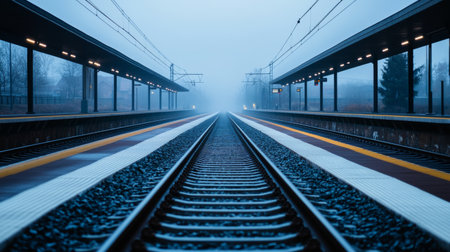 An empty railway platform with tracks leading off into the horizon, evoking a sense of anticipation and the promise of travel and exploration.の素材