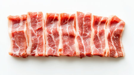 Thinly sliced pork belly arranged neatly on a white background, perfect for dishes like hotpot or Korean BBQ, emphasizing the cut's quality.の素材