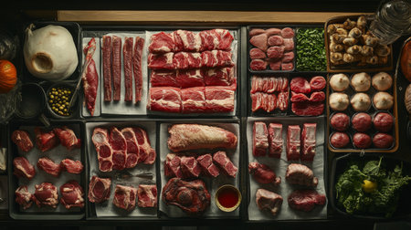 An overhead view of a meat market display with an assortment of fresh cuts of beef, pork, and chicken, arranged neatly for sale.の素材