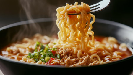 Close-up of a fork lifting a portion of instant noodles from a bowl, with the flavorful broth and toppings clearly visible in the background.の素材