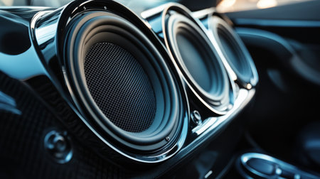 Close-up of high-quality car speakers installed in a luxury vehicle, showcasing their sleek design and integration with the car's interior.の素材