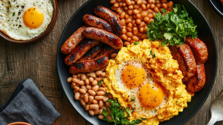 An overhead shot of a plate of scrambled eggs served with a variety of breakfast sides, such as sausages, baked beans, and grilled mushrooms, on a rustic wooden table.の素材