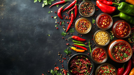 An overhead shot of a variety of chili peppers, including dried and fresh, along with jars of chili paste and sauces, perfect for a cooking-themed layout.の素材