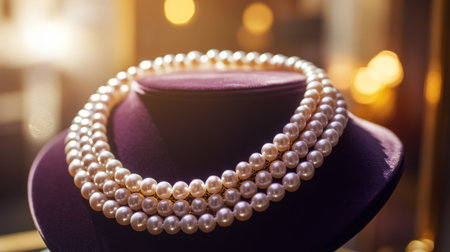 An elegant pearl necklace displayed on a velvet jewelry stand, with soft lighting highlighting the pearls' sheen and intricate arrangement.の素材