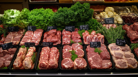 An overhead view of a meat market display with an assortment of fresh cuts of beef, pork, and chicken, arranged neatly for sale.の素材