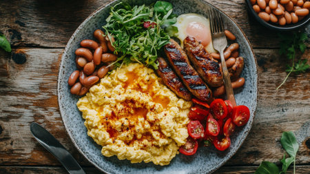 An overhead shot of a plate of scrambled eggs served with a variety of breakfast sides, such as sausages, baked beans, and grilled mushrooms, on a rustic wooden table.の素材