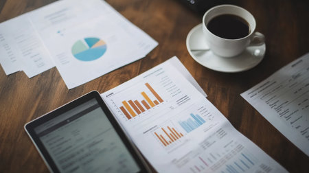 An overhead view of a desk with financial documents, a tablet showing a bar chart, and a cup of coffee, representing a productive work environmentの素材