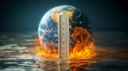 A 3D globe surrounded by heat waves and a thermometer showing high temperatures, representing the growing threat of global warmingの素材