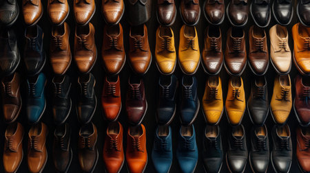 An overhead view of a collection of fashionable shoes arranged neatly on a rack, showcasing various styles and colors, from boots to loafers.の素材