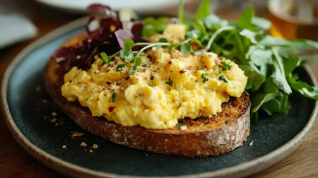 Toasted bread with a crispy texture, topped with a hearty layer of scrambled eggs and fresh herbs, served on a plate with a side of mixed greens.の素材