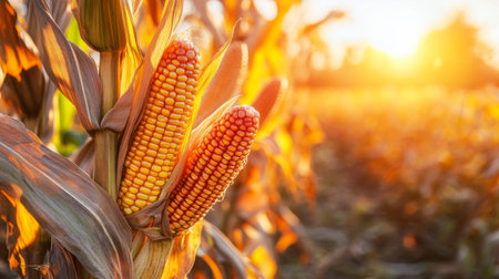 Close-up of ripe corn cobs on the stalks, with a backdrop of a well-maintained cornfield and the sun casting a warm glow on the golden kernels.の素材