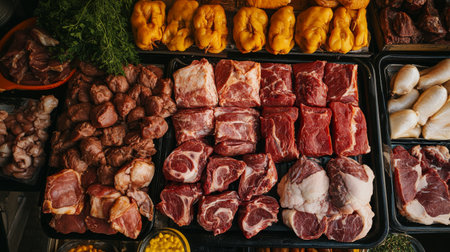 An overhead view of a meat market display with an assortment of fresh cuts of beef, pork, and chicken, arranged neatly for sale.の素材