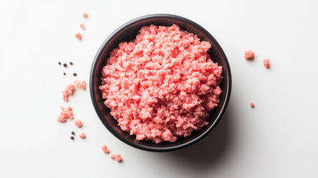 Fresh ground pork in a bowl on a white background, ready for use in various recipes like meatballs, sausages, or stir-fries.の素材