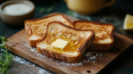 Golden-brown slices of toasted bread arranged on a wooden cutting board, with melted butter and a sprinkle of sea salt, ready for a delicious breakfast.の素材