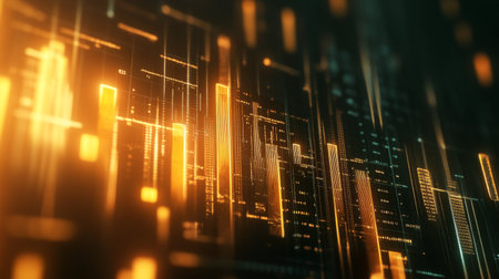 A 3D graph with rising and falling metallic bars, highlighting financial trends and business statistics, set against a dark, digital background.の素材