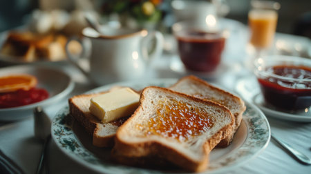Slices of toast with a golden, crispy crust, served with a variety of spreads such as butter, marmalade, and Nutella, on a breakfast table setting.の素材