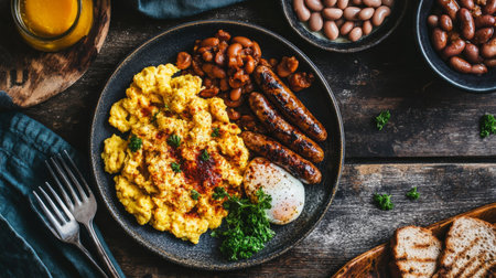 An overhead shot of a plate of scrambled eggs served with a variety of breakfast sides, such as sausages, baked beans, and grilled mushrooms, on a rustic wooden table.の素材