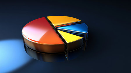 An abstract 3D pie chart with metallic shades and reflective surfaces, floating against a dark background, illustrating a business or financial breakdown.の素材