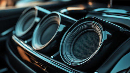 Close-up of high-quality car speakers installed in a luxury vehicle, showcasing their sleek design and integration with the car's interior.の素材