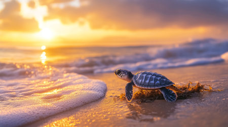 A baby sea turtle emerging from its nest on the beach, heading towards the ocean with a backdrop of a picturesque sunrise and gentle waves.の素材