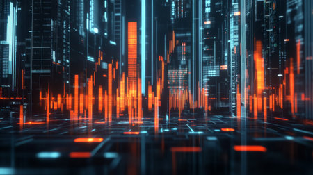 A 3D stock chart with rising and falling bars, representing stock price volatility, displayed on a futuristic digital trading platform.の素材