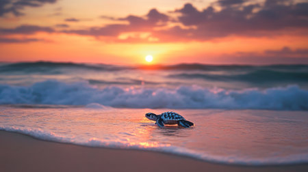 A baby sea turtle emerging from its nest on the beach, heading towards the ocean with a backdrop of a picturesque sunrise and gentle waves.の素材