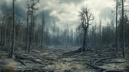 A barren forest landscape with dead trees and cracked soil, showing the devastating impact of global warming on natural ecosystems.の素材
