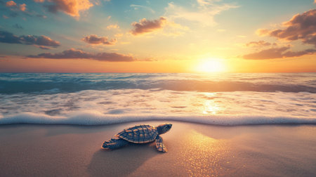 A baby sea turtle emerging from its nest on the beach, heading towards the ocean with a backdrop of a picturesque sunrise and gentle waves.の素材