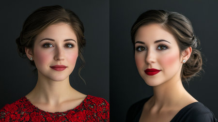A before-and-after comparison of a woman makeup transformation, highlighting the dramatic effect of professional makeup application in a side-by-side shot.の素材