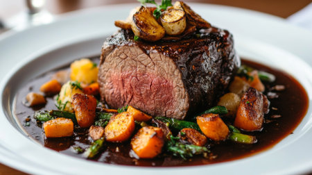 A beautifully plated dish featuring roast beef with crispy vegetables and gravy, showcasing the final presentation of a meat-based meal.の素材