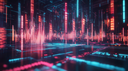 A 3D stock chart with rising and falling bars, representing stock price volatility, displayed on a futuristic digital trading platform.の素材