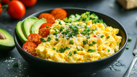 A breakfast bowl filled with creamy scrambled eggs, topped with shredded cheese and chives, and accompanied by a side of avocado slices and cherry tomatoes.の素材