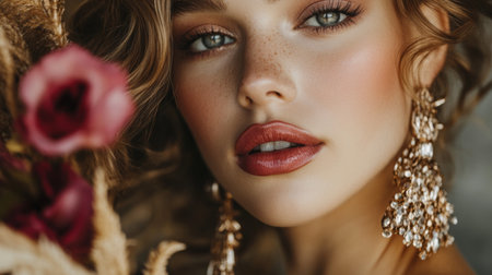 A beautiful close-up of a woman with artistic makeup and elegant accessories, emphasizing her facial features and the creativity of her look against a soft background.の素材