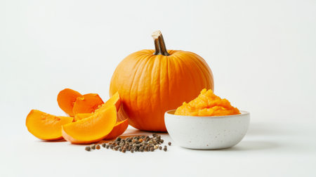 A beautifully arranged still life with a whole pumpkin, pumpkin slices, and a bowl of pumpkin puree, set against a clean, white backgroundの素材