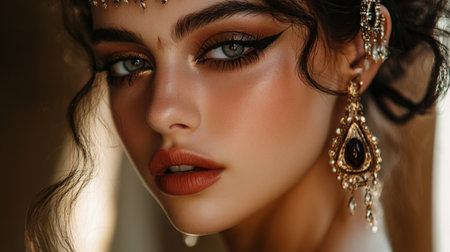 A beautiful close-up of a woman with artistic makeup and elegant accessories, emphasizing her facial features and the creativity of her look against a soft background.の素材