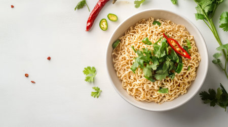 A bowl of instant noodles garnished with fresh herbs and sliced chili peppers, placed on a white table with a minimalist and clean presentationの素材