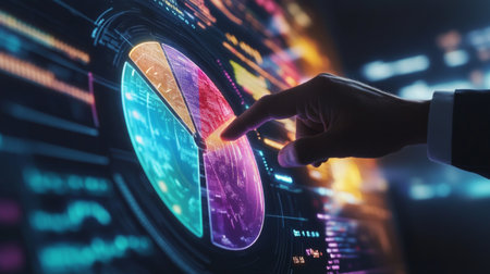 A business professional pointing at a holographic 3D pie chart displaying vibrant, segmented data on a futuristic screen with financial indicatorsの素材