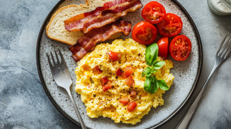 A breakfast spread featuring fluffy scrambled eggs with a golden hue, accompanied by crispy bacon, grilled tomatoes, and a slice of whole-grain toast.の素材