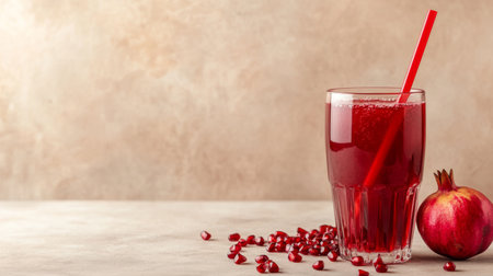 A bright red glass of pomegranate juice, served with a straw and pomegranate seeds scattered on the table, against a neutral backdropの素材