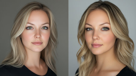 A before-and-after comparison of a woman makeup transformation, highlighting the dramatic effect of professional makeup application in a side-by-side shot.の素材