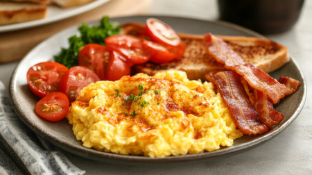 A breakfast spread featuring fluffy scrambled eggs with a golden hue, accompanied by crispy bacon, grilled tomatoes, and a slice of whole-grain toast.の素材
