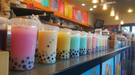 A bubble tea shop counter displaying a variety of milk tea flavors with tapioca pearls, ready for customers, with vibrant signage in the backgroundの素材