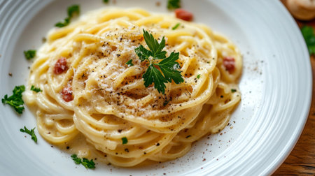 A beautifully plated spaghetti carbonara with a creamy, golden sauce and garnished with parsley and freshly cracked black pepper, all presented on a white plate.の素材
