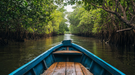 A boat navigating through the narrow channels of a mangrove forest, providing a perspective on the accessibility and scenic beauty of this coastal habitat.の素材