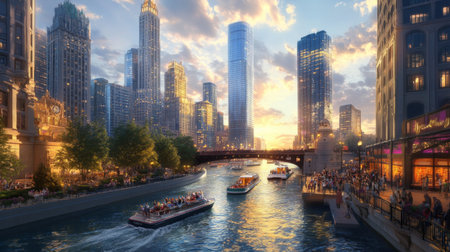 A bustling riverside scene with tall, contemporary skyscrapers, a busy riverwalk, and boats navigating the water, illustrating a vibrant urban environment.の素材
