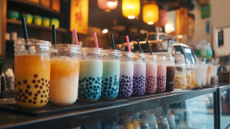 A bubble tea shop counter displaying a variety of milk tea flavors with tapioca pearls, ready for customers, with vibrant signage in the backgroundの素材