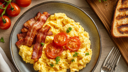 A breakfast spread featuring fluffy scrambled eggs with a golden hue, accompanied by crispy bacon, grilled tomatoes, and a slice of whole-grain toast.の素材