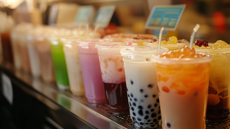 A bubble tea shop counter displaying a variety of milk tea flavors with tapioca pearls, ready for customers, with vibrant signage in the backgroundの素材
