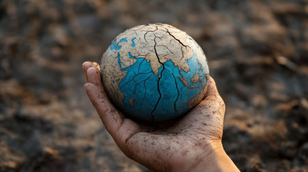 A close-up of a hand holding a cracked and dried globe, symbolizing the fragility of the Earth in the face of global warming and climate change.の素材